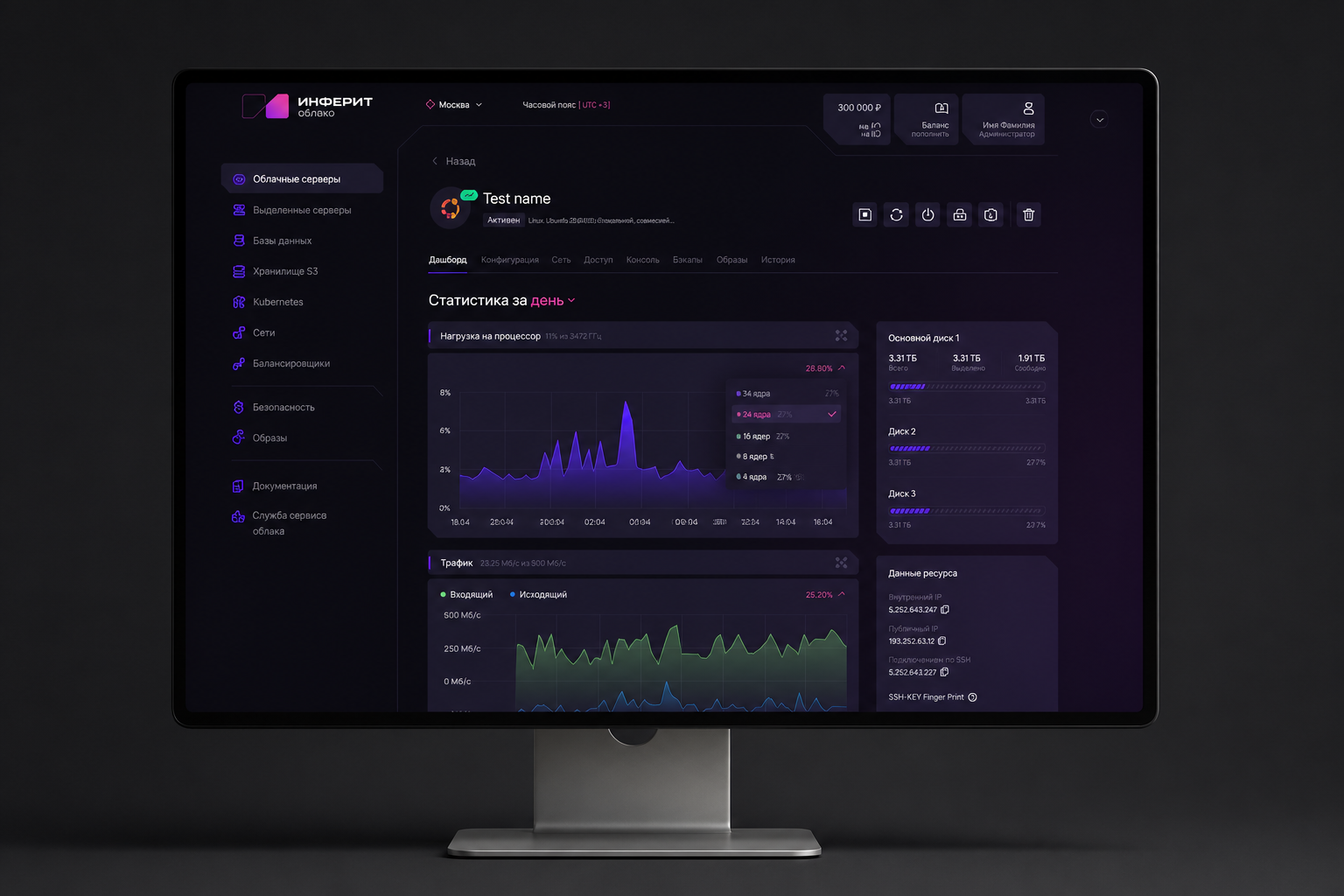 Статистика использования ресурсов виртуального сервера в кабинете «Инферит Облако»