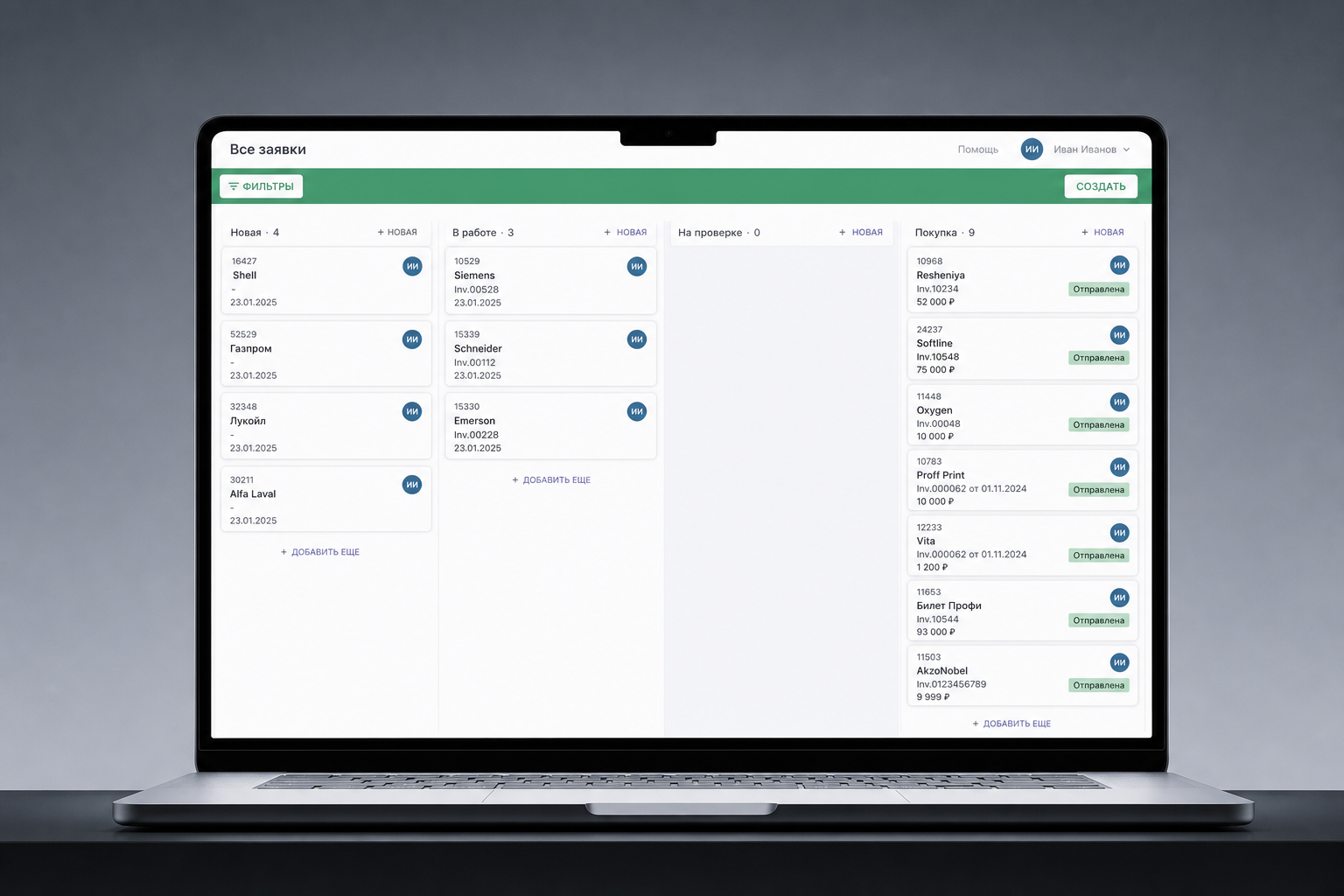 Kanban-доска заявок на закупку автомобилей